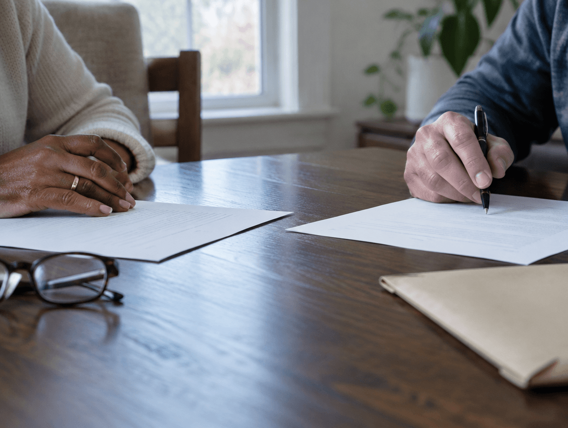 husband and wife's hands on divorce paper work