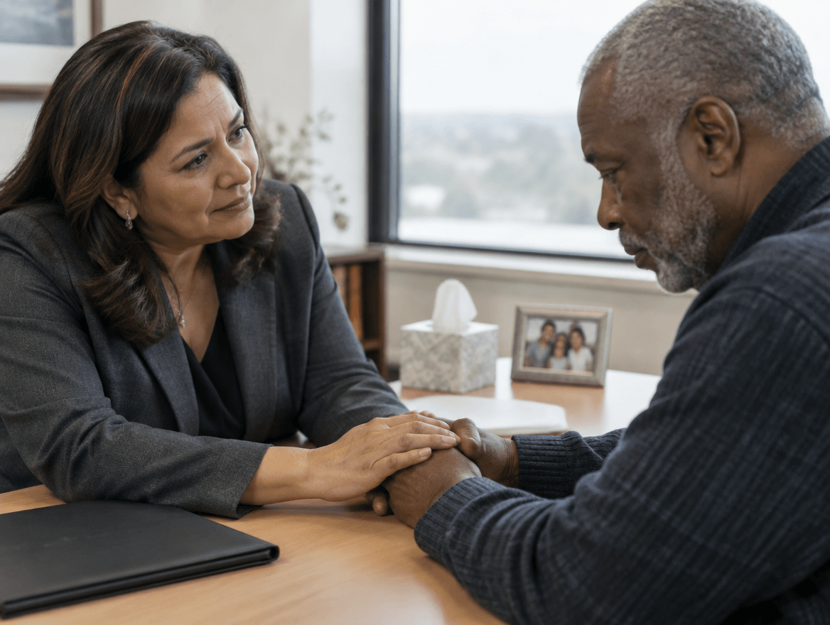 lawyer comforting individual by holding hand gently at a desk