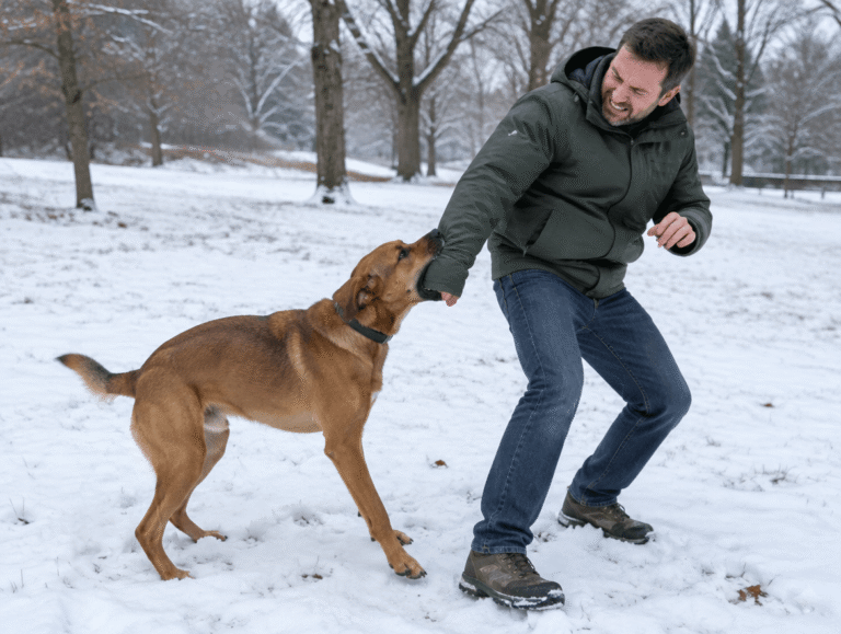 A man is being bitten on the arm by a dog in a snowy landscape. The man is grimacing in pain and trying to pull his arm away from the dog. The scene is set outdoors with snow-covered ground and bare trees in the background.