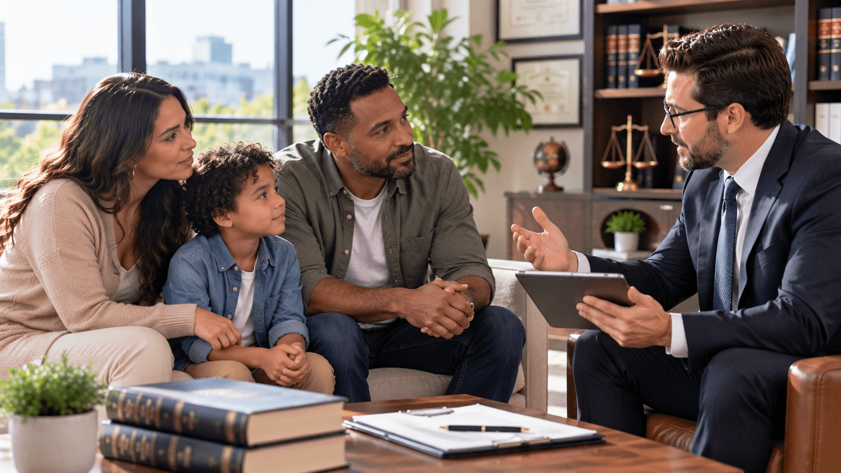 A family of three, a man, woman, and child, sits on a sofa while a man in a suit, holding a tablet, talks to them in a bright room.