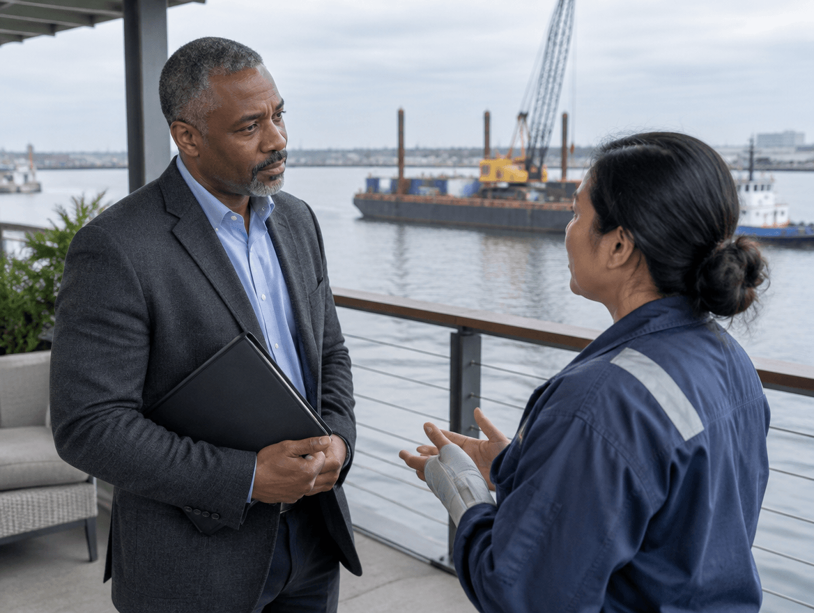 A maritime lawyer talking to a client