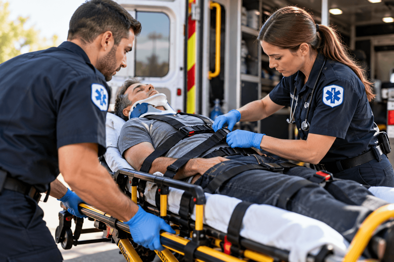 Paramedics securing a patient on a stretcher for emergency transportation.