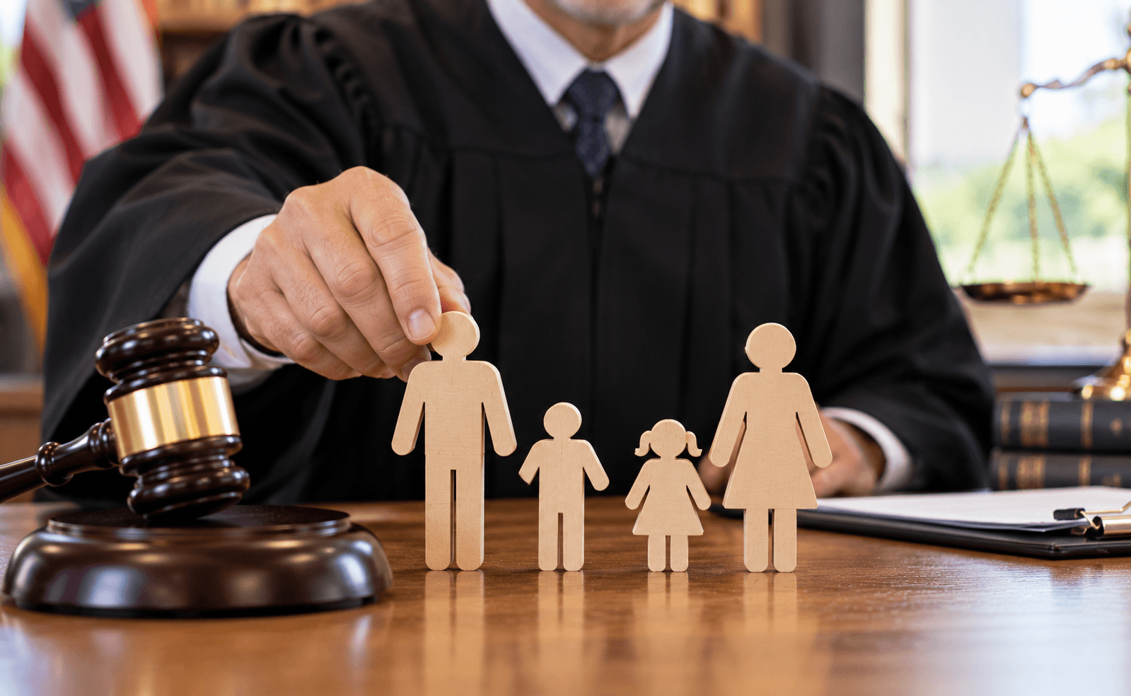 Judge with wooden family figure demonstrating family law concept