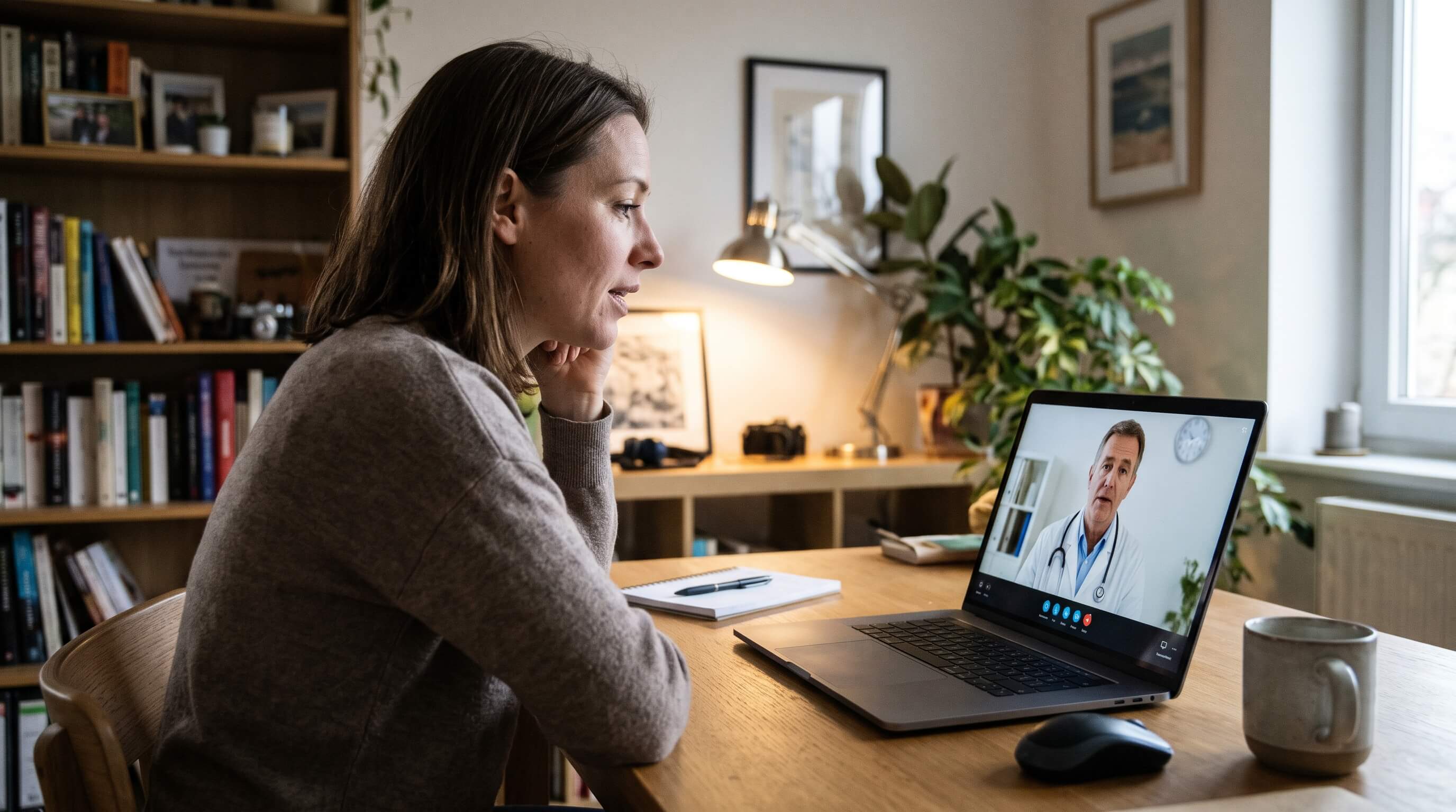 woman video chatting with doctor from her home office