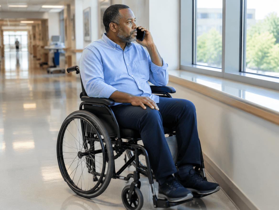 man in wheelchair making a call on his cell phone