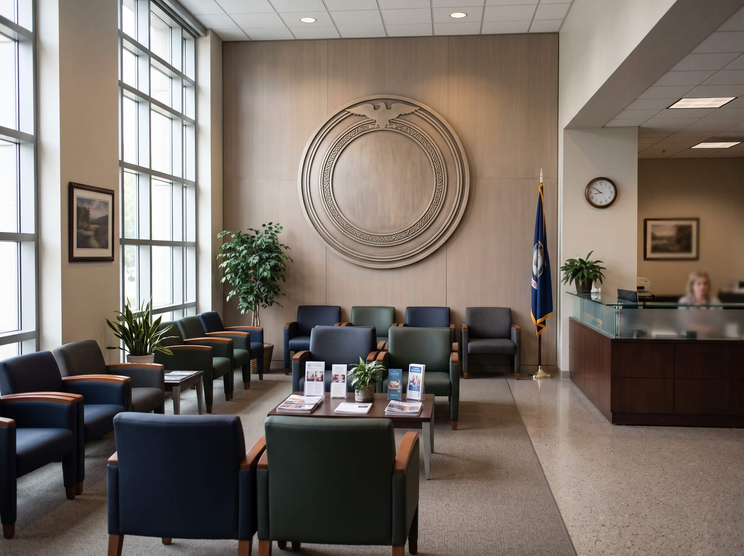 Logo of social security bureau on wall