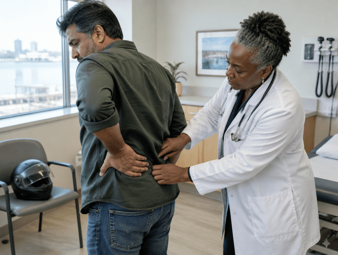 man gripping his back in pain with doctor examining him