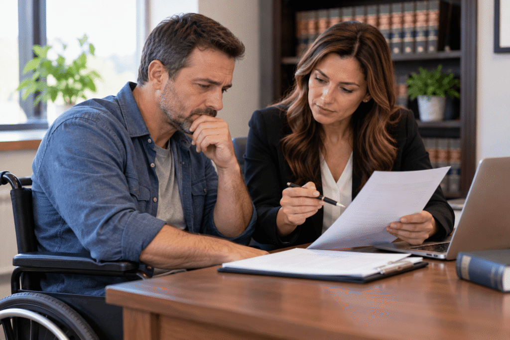 Man in wheelchair and woman examining document about SSD denials