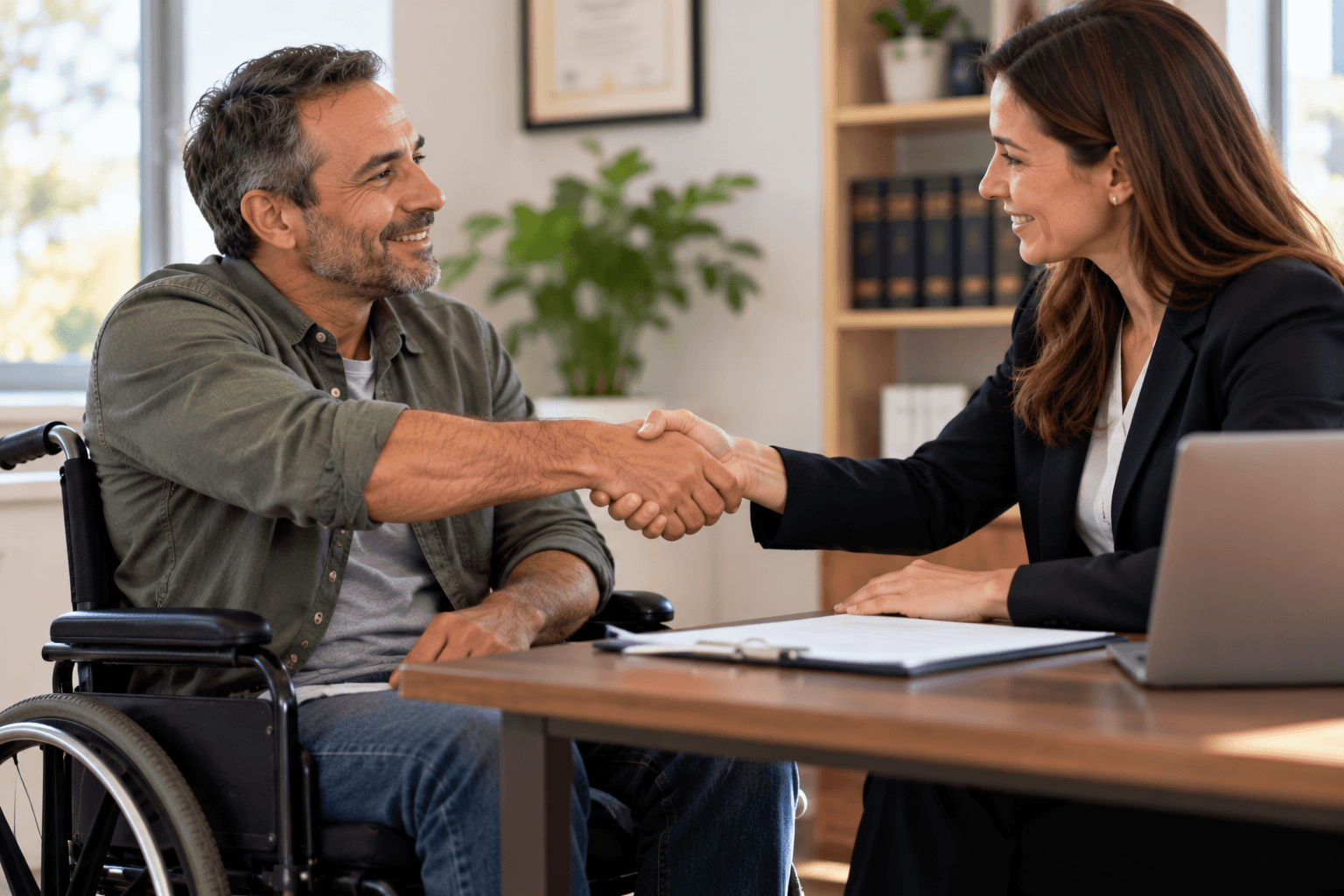 Man in wheelchair shaking hands with woman