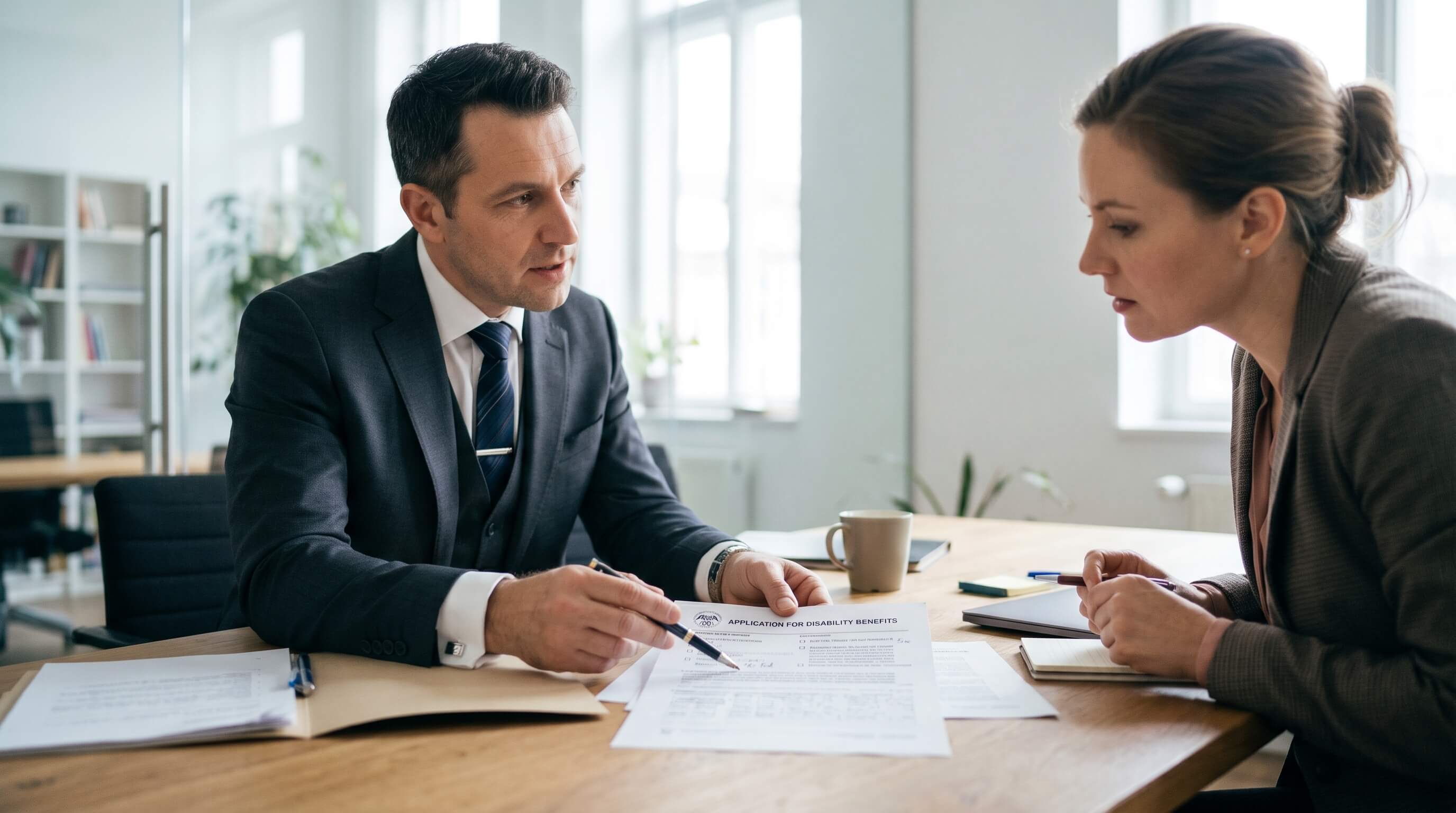 Man pointing at document with pen at a desk with woman