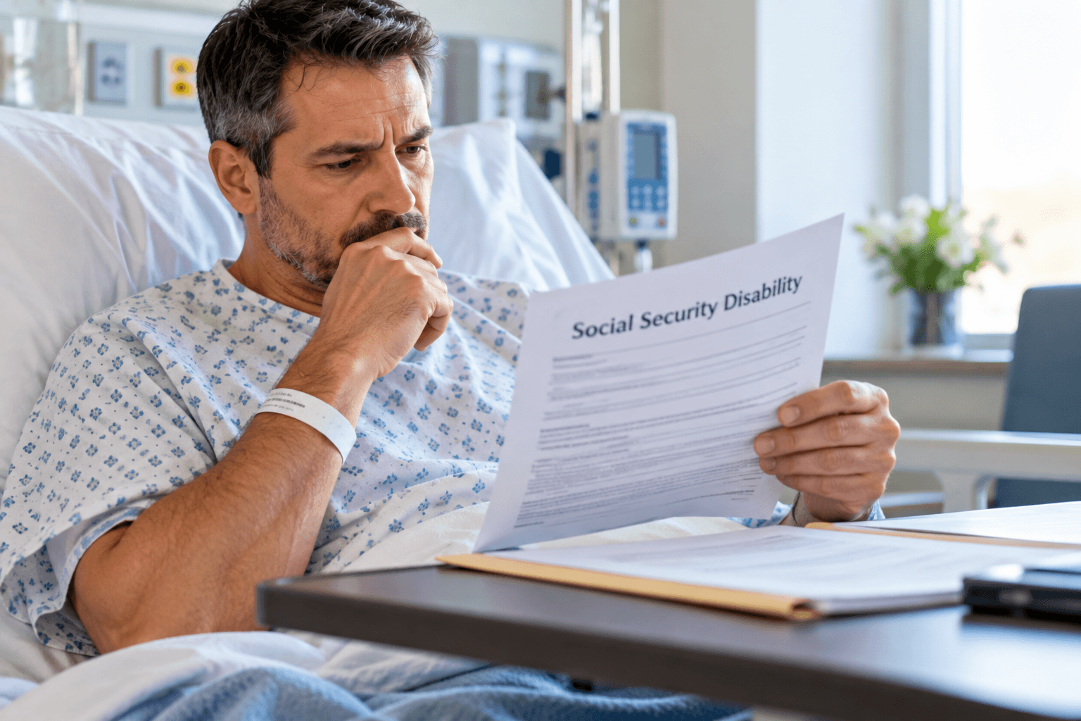 Man reviewing social security disability documents on hospital bed