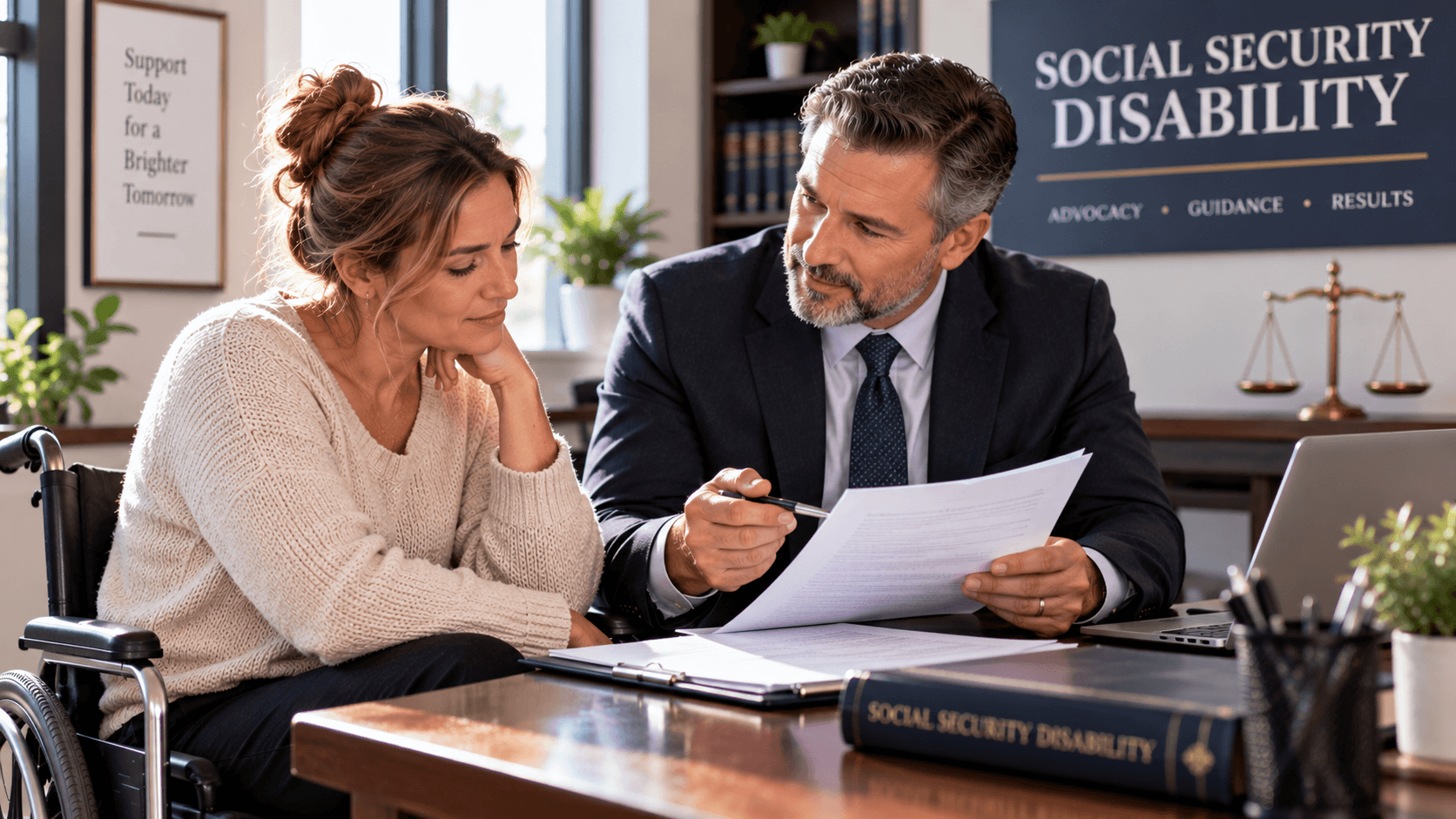 Woman with her neck in a cast speaking to a lawyer