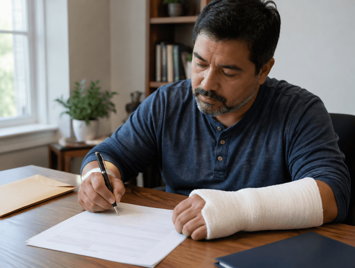 man signing document with cast on hand
