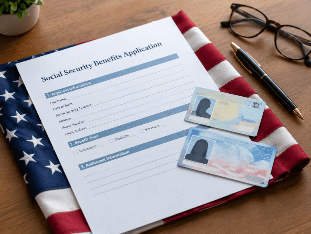 Social Security application with cards on an American flag background, illustrating U.S. identity documentation.