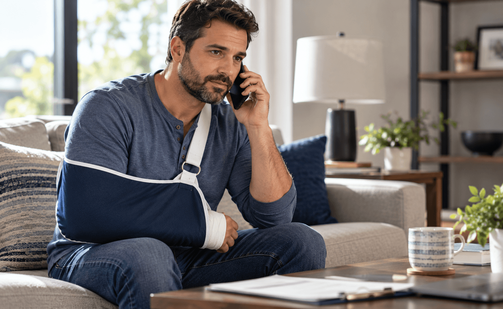 Man wearing an arm sling using his phone