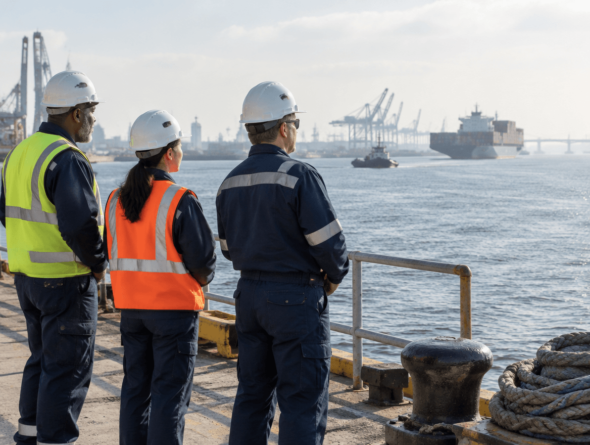 harbor workers looking out at the water