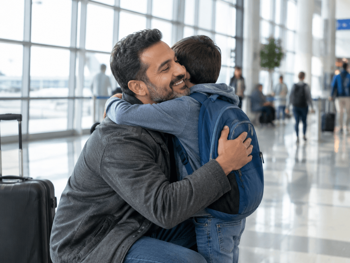 father hugging his son at an airport