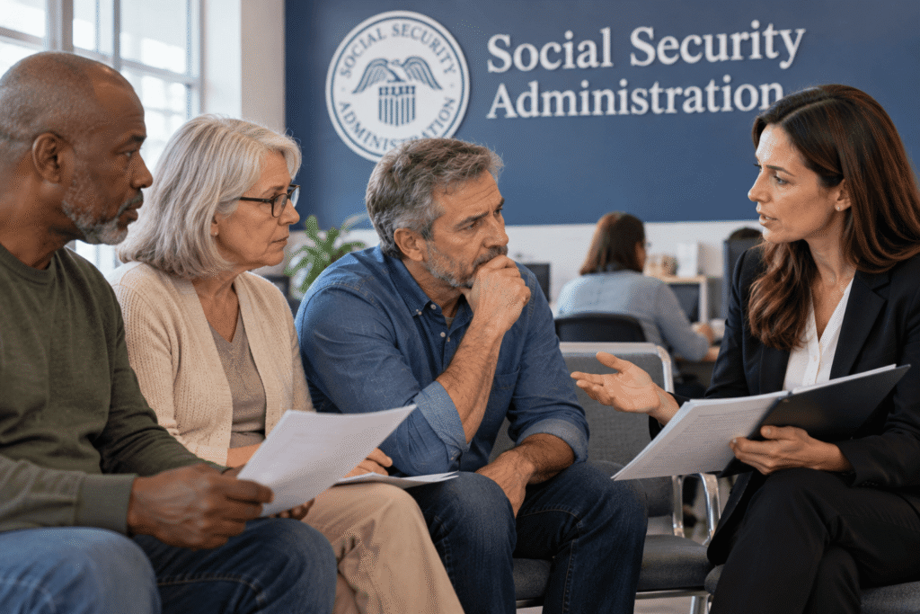 People sitting in a row during social security disability discussion