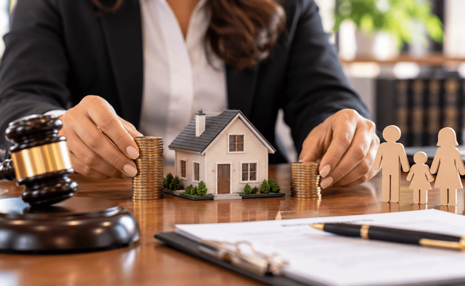 Person holding stacks of coins in front of a house, symbolizing financial implications in family law
