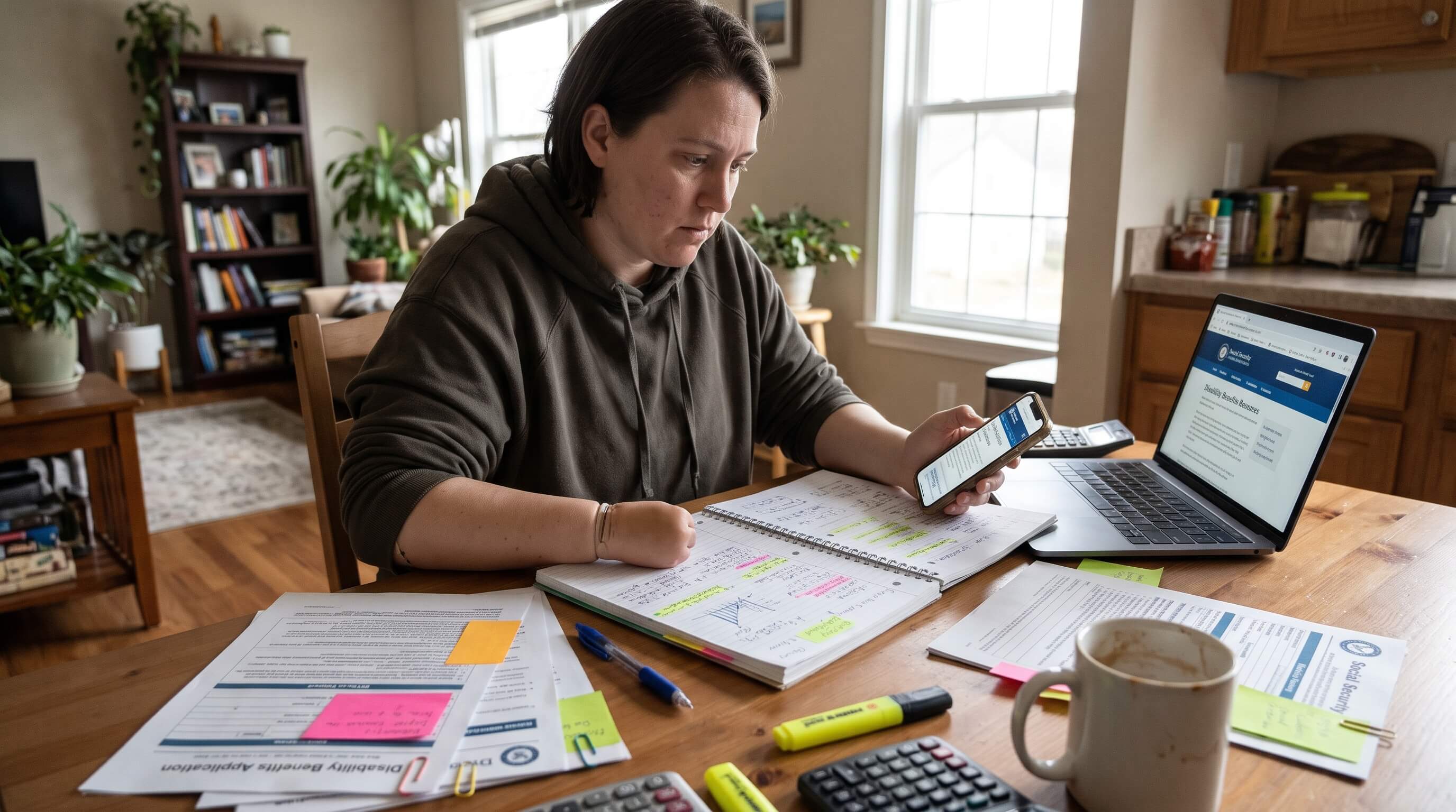Person planning disability benefits with notebook and phone at table