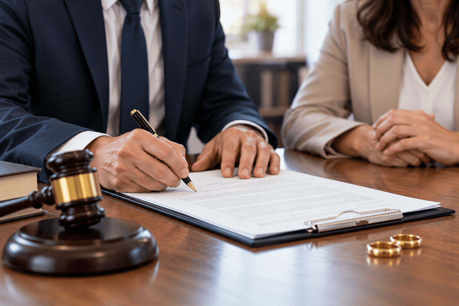 A person in a suit signs documents; another observes, near a gavel and rings on a table, suggesting a legal or matrimonial context.