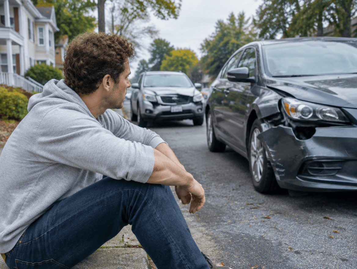 Man sitting on the curb after a car accident