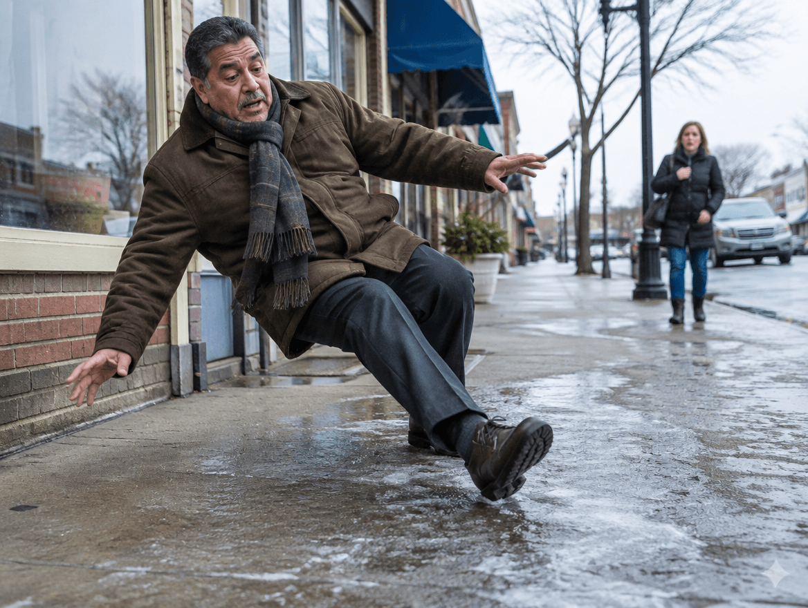 Man taking a bad slip on the ice.