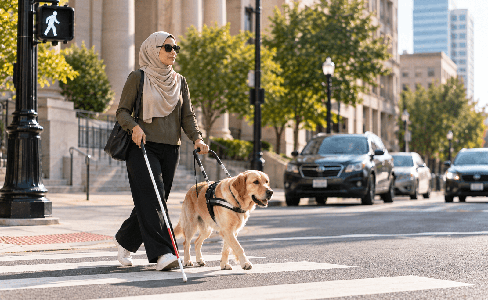 Blind woman with a service dog crossing the road