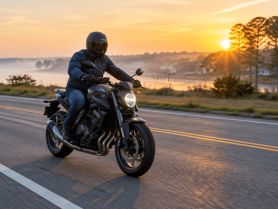 rider on motorcycle in roadway at sunrise
