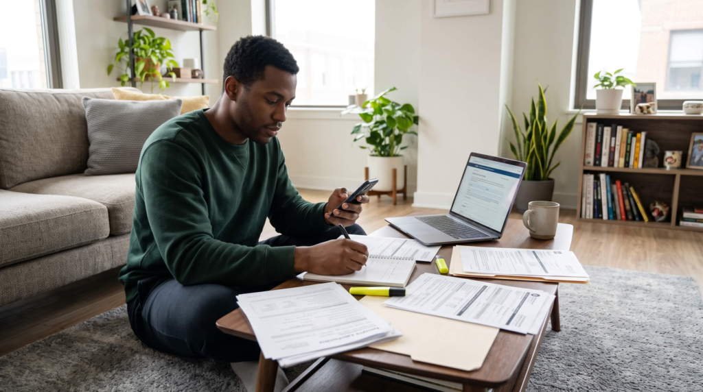 Two men discussing disability benefits with laptops and papers