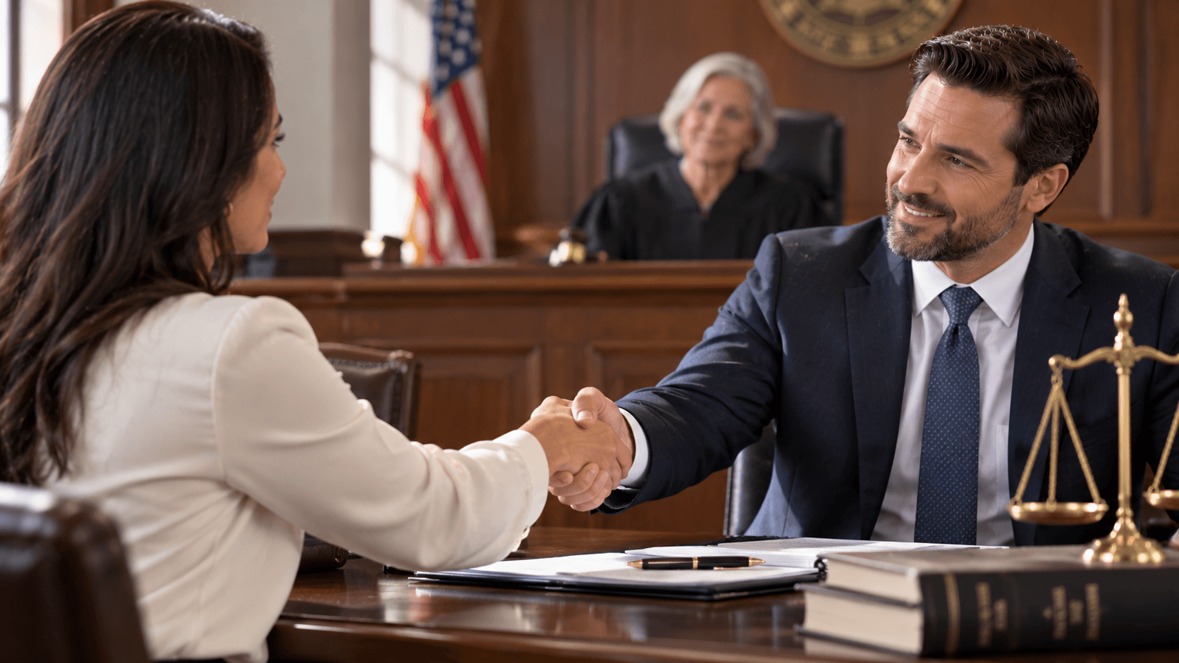 two people shaking hands in front of a judge