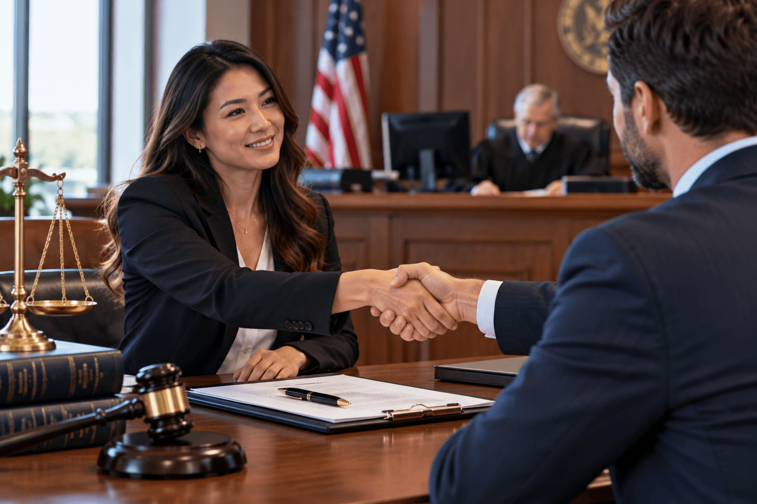 two people shaking hands over a wooden judge