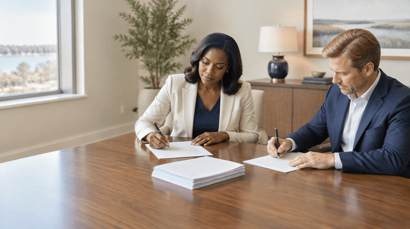 two people sitting at a table signing a paper