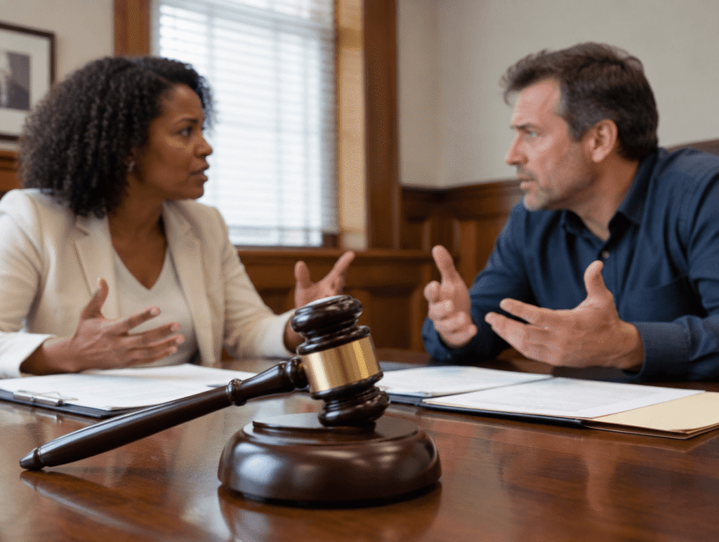woman and man quarrel in front of gavel