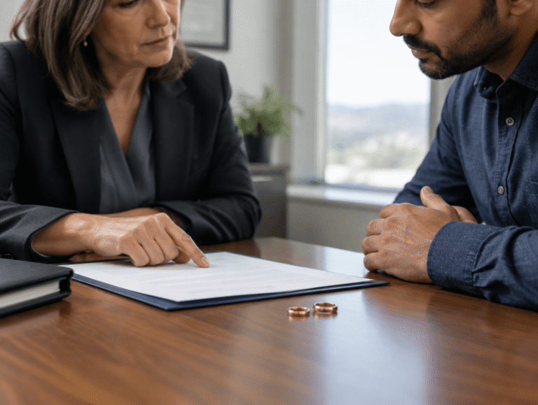 partial view of lawyer and client sitting at table with divorce decree and wedding rings