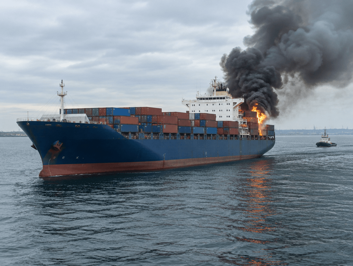 Cargo ship on fire