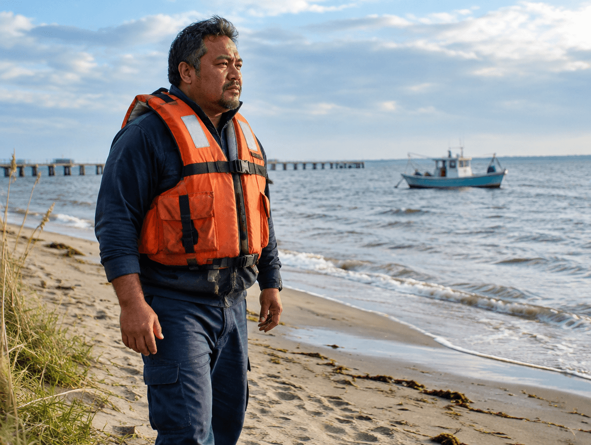 Sailor wearing a life preserver on the beach