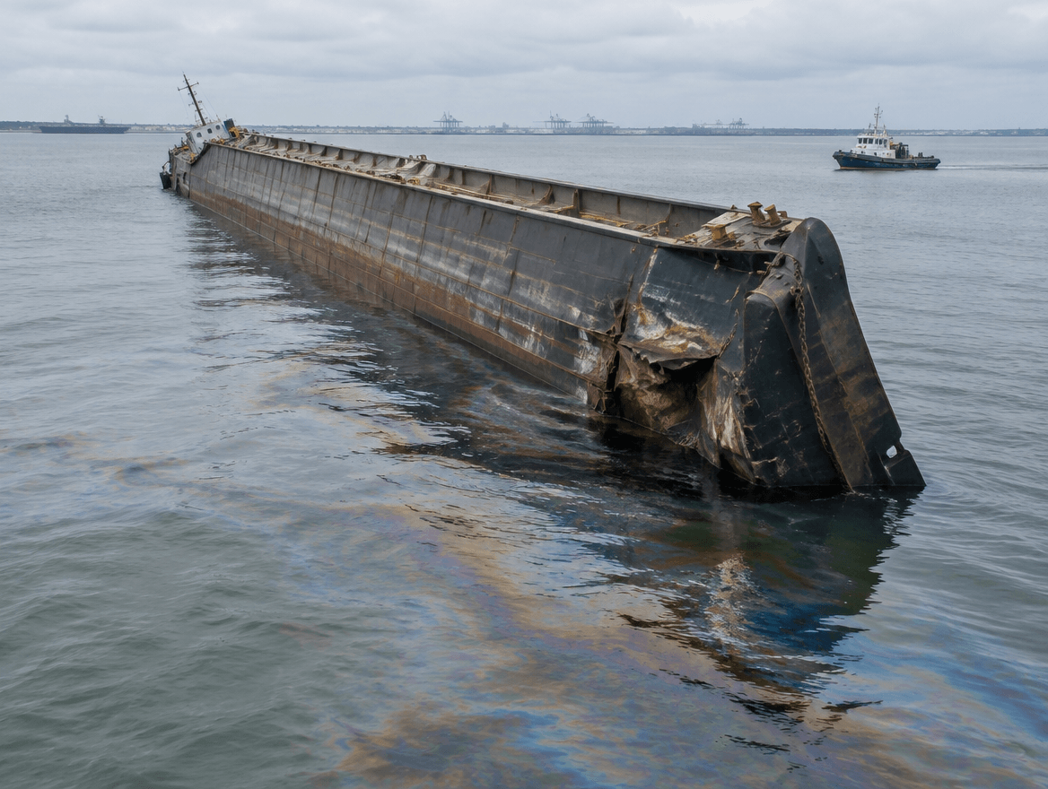 A damaged barge ship on its side leaking oil into the water