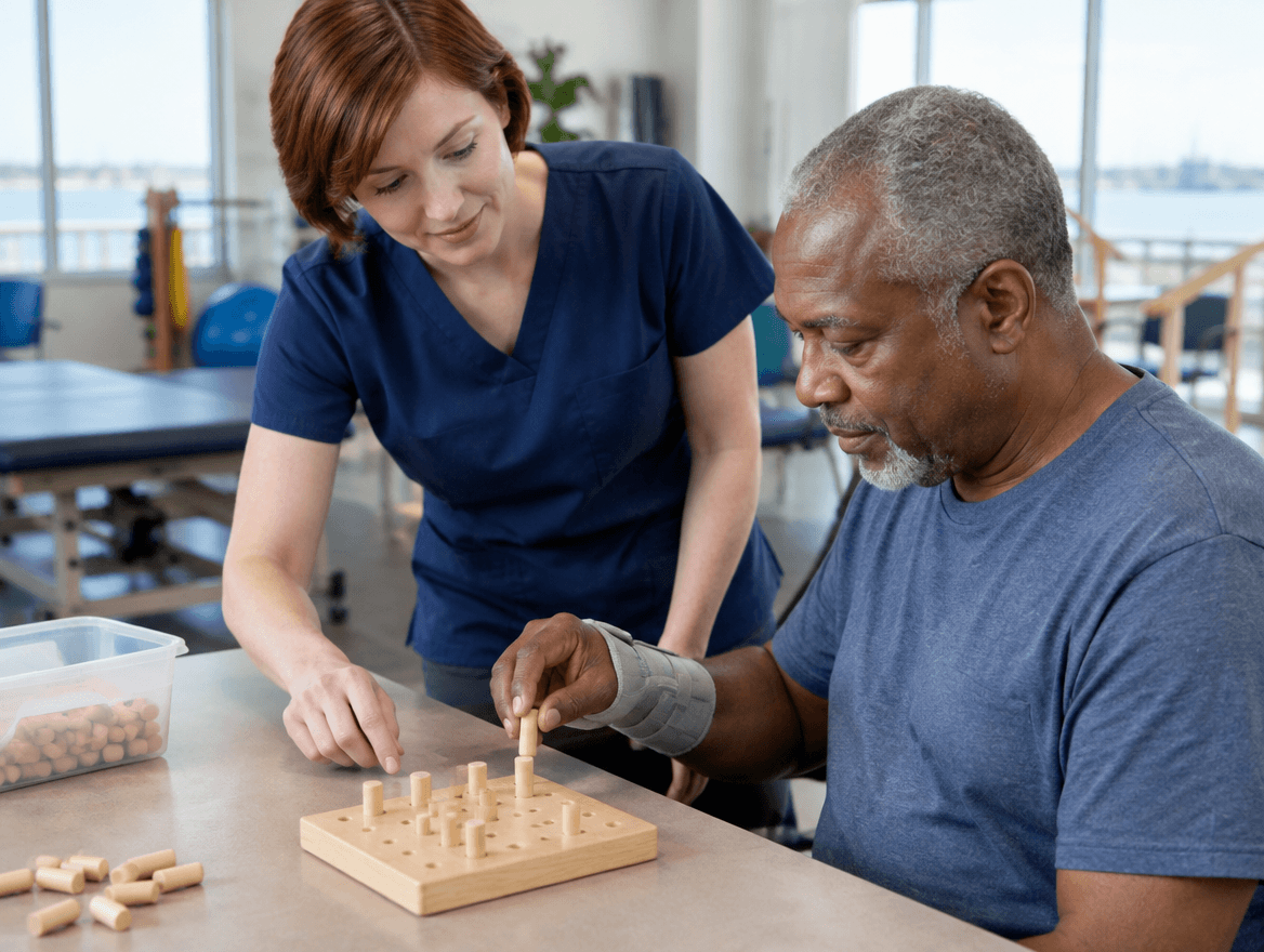 Occupational therapist working with an injury patient.