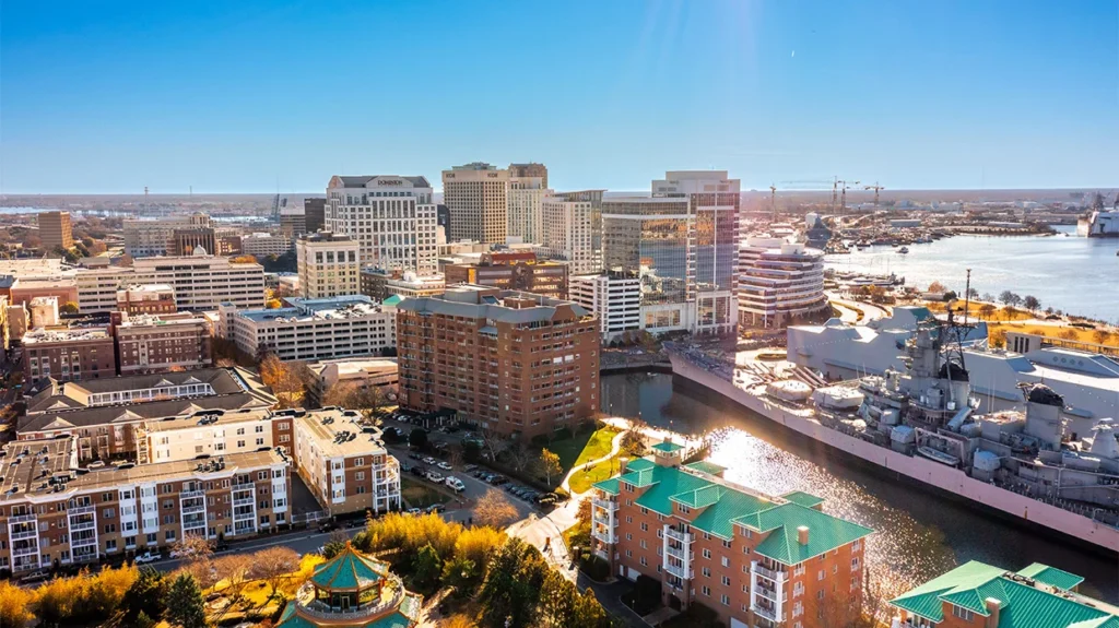 Aerial view of downtown Norfolk and the Elizabeth River
