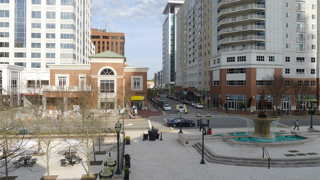 Downtown Virginia Beach plaza with a fountain and high-rise buildings
