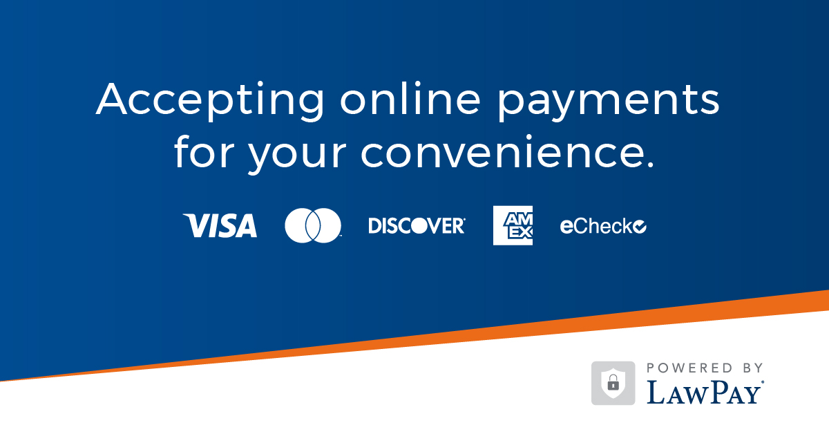 Accepting online payments for your convenience. Visa, Mastercard, Discover, American Express and eCheck. Powered by LawPay.