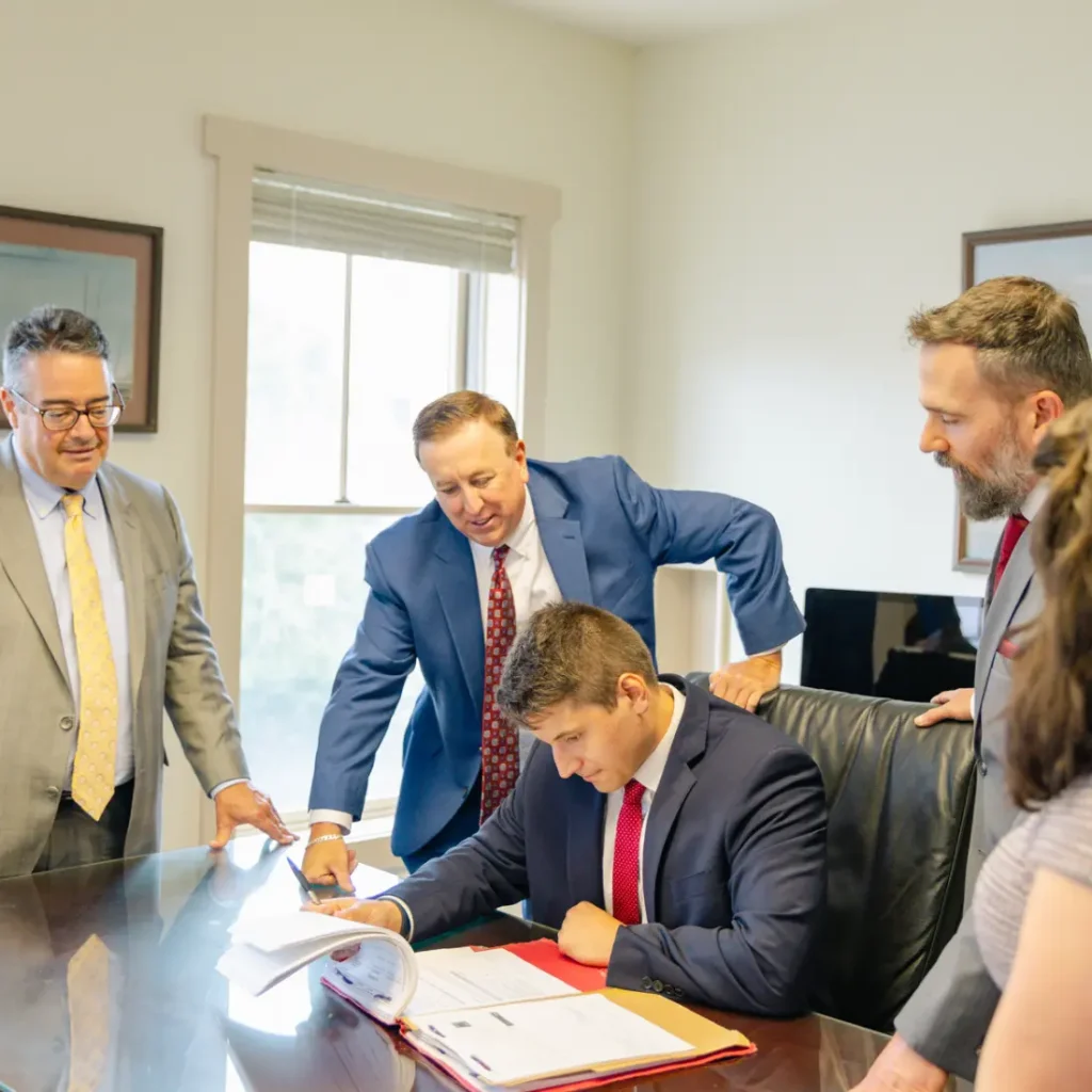 Montagna Law attorneys gathered around a conference table reviewing a case file